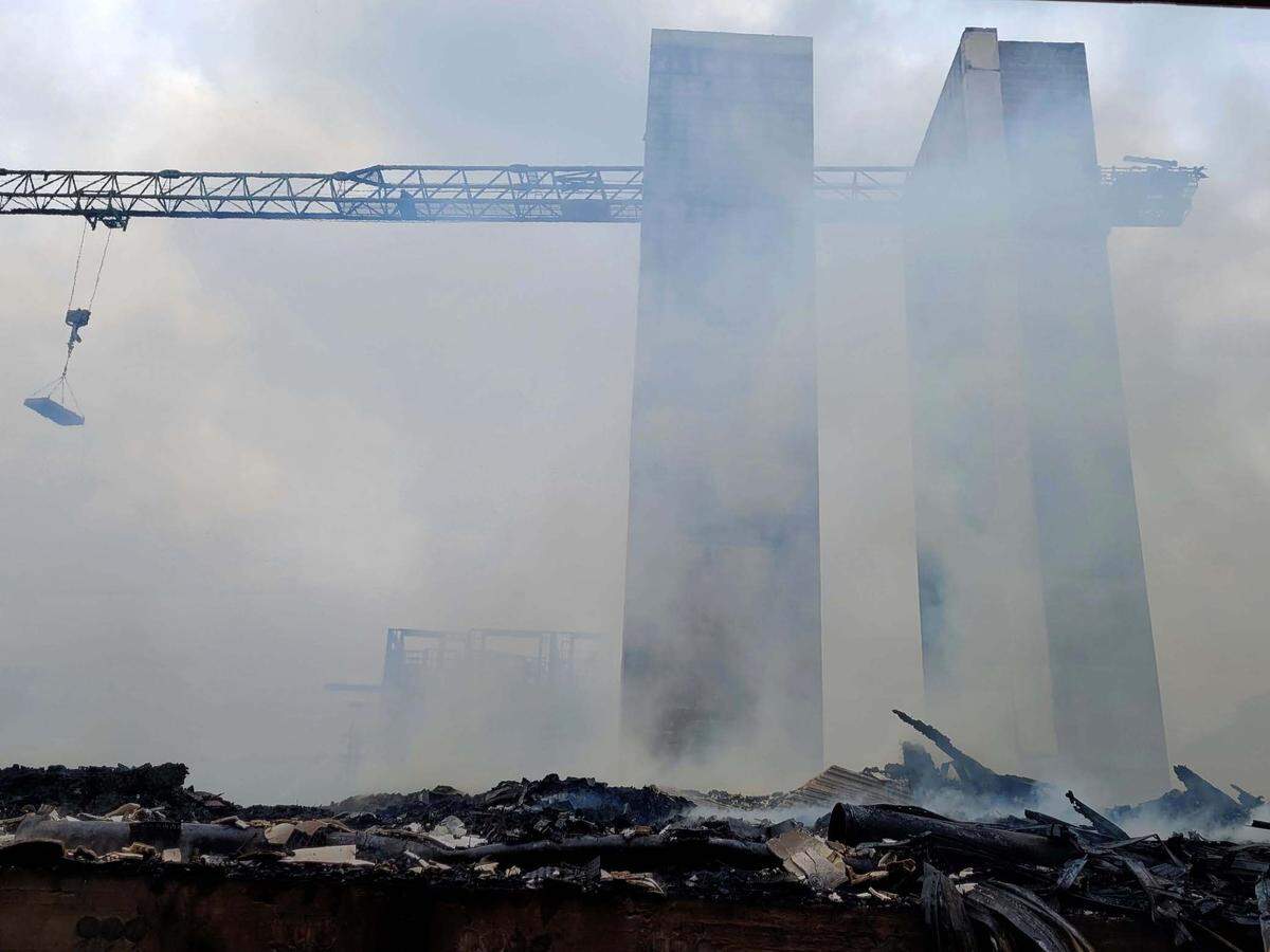 A structure of a building is seen after the fire at a Charlotte’s SouthPark neighborhood in May 2023.