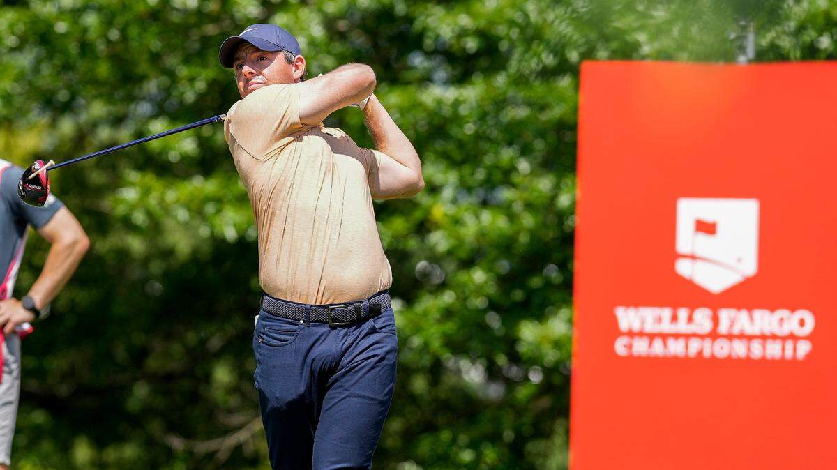 Rory McIlroy hits his tee shot on 16 during the third round of the 2023 Wells Fargo Championship golf tournament.