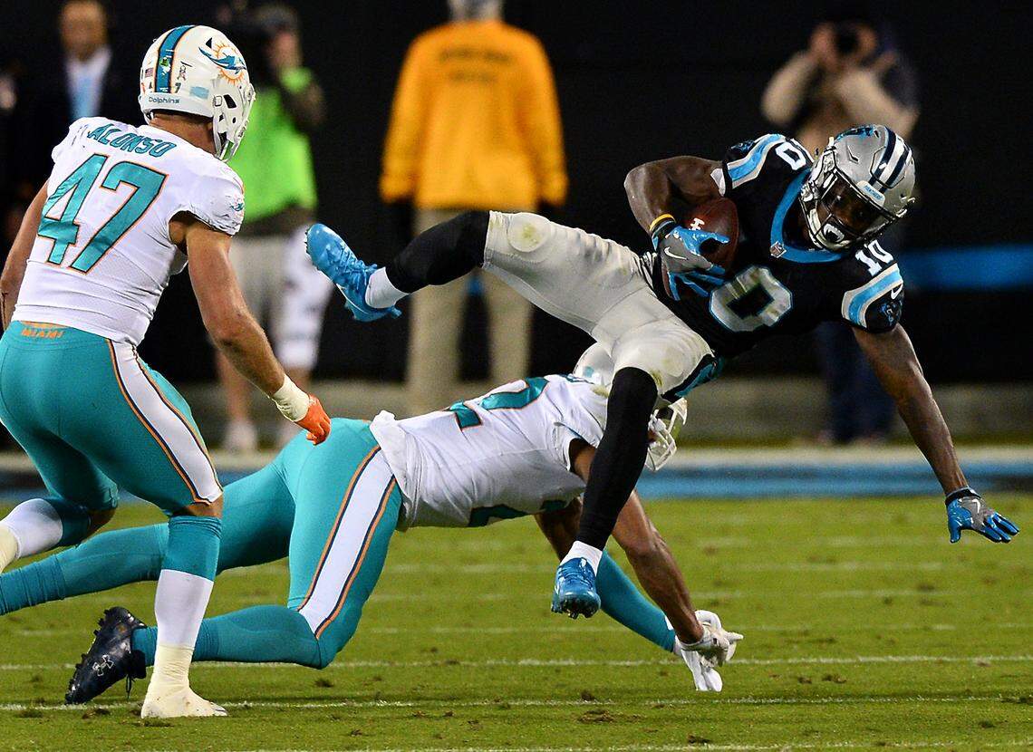 Carolina Panthers wide receiver Curtis Samuel catches a pass during second quarter action against the Miami Dolphins on Nov. 12, 2017, at Bank of America Stadium. Samuel struggled with injuries throughout his rookie season.