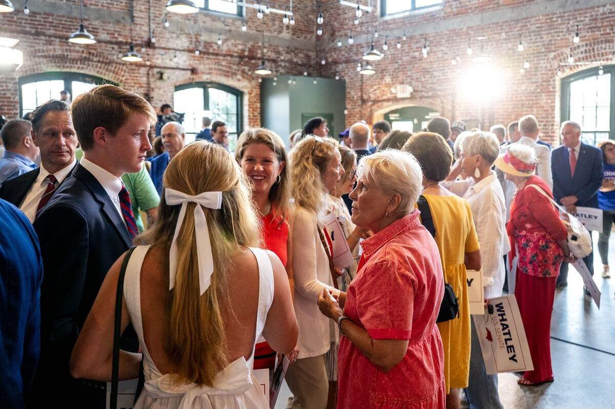 Attendees gather at Loray Mill in Gastonia before Michael Whatley, announces his candidacy for U.S. Senate.