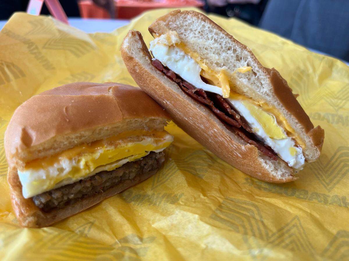 Whataburger’s Breakfast on a Bun comes with your choice of sausage or bacon, plus egg and cheese.