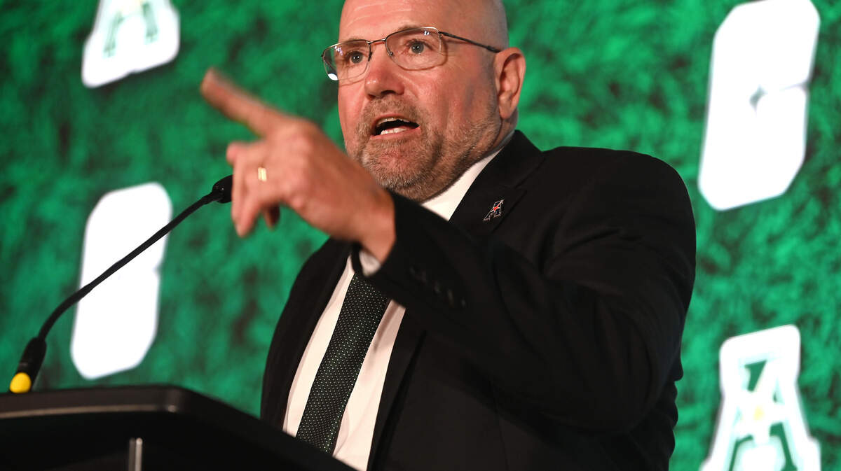 Charlotte 49ers head football coach Tim Albin speaks during media day for the American Conference on Friday, July 25, 2025 at the Charlotte Convention Center in Charlotte, NC.
