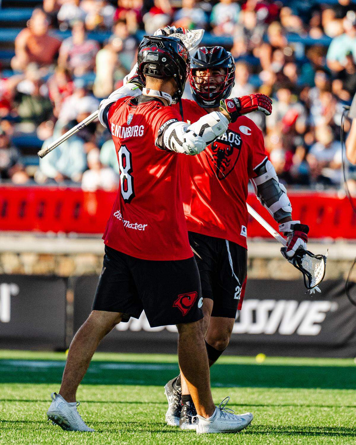 Carolina Chaos attackman Jules Heningberg celebrates one of his four goals in the Chaos’ victory in the Premier Lacrosse League showcase in Charlotte, N.C., on June 7, 2024.