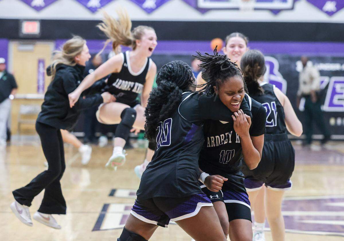 Ardrey Kell players celebrate their win against Myers Park at Ardrey Kell High School in Charlotte, N.C., on Friday, February 23, 2024.