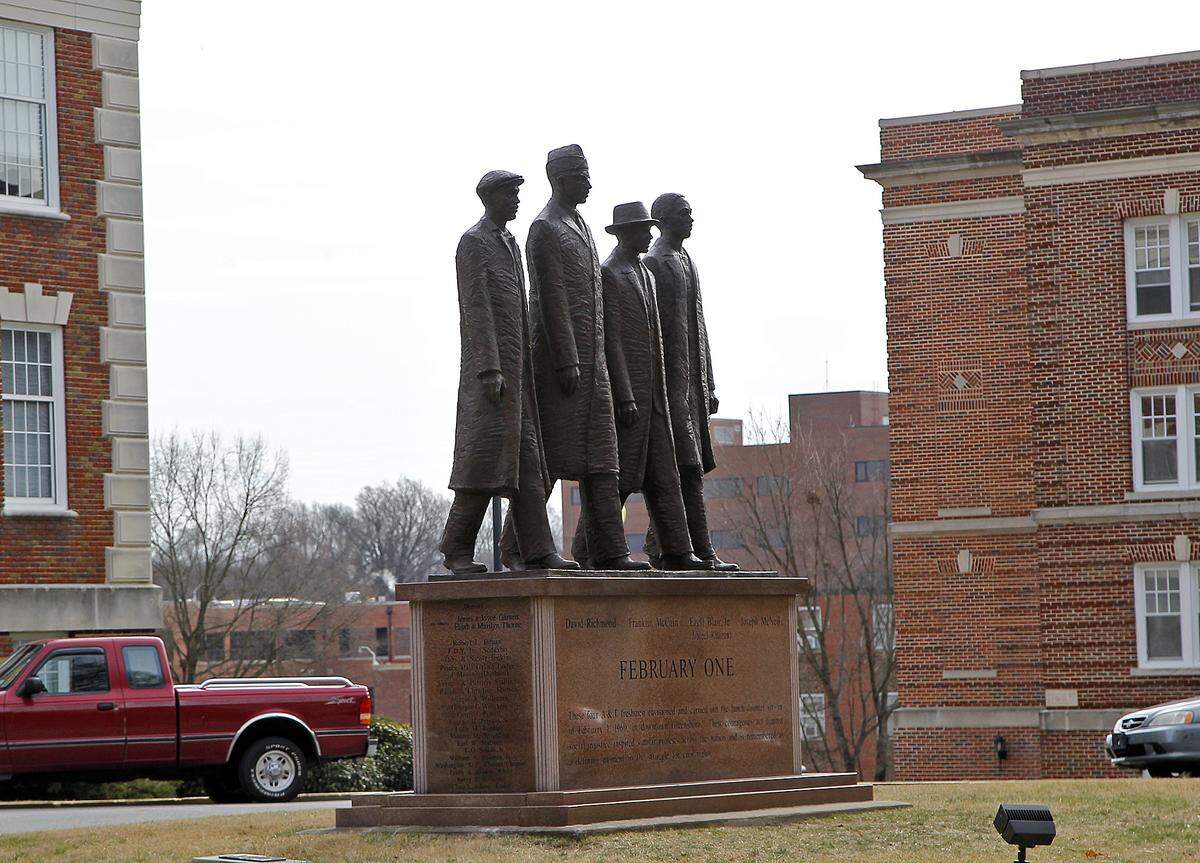 A statue of the four students who staged a civil rights sit-in at a Greensboro lunch counter in 1960 stands on the campus of N.C. A&T State University in Greensboro, NC on Jan. 23, 2014. The historically Black university earned a spot on U.S. News’ best colleges list for 2026.