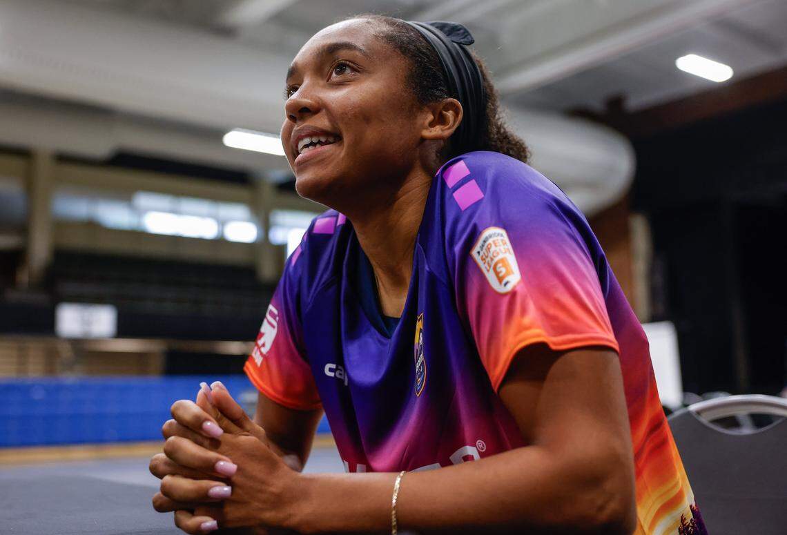 Forward Mia Corbin during Ascent Media Day at the Grady Cole Center in Charlotte, NC on Wednesday, August 13, 2025. Carolina Ascent FC is one of the eight initial teams of the USL Super League, a new Division One professional women's soccer league which kicked off its Inaugural Season in August 2024.
