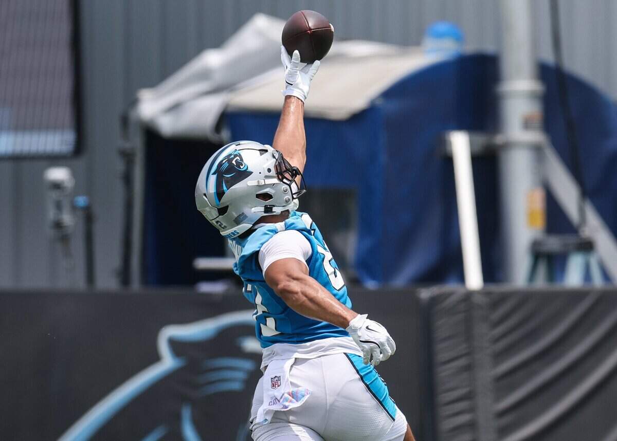 Panthers tight end Tommy Tremble practices during mandatory minicamp in Charlotte on Tuesday, June 9, 2026