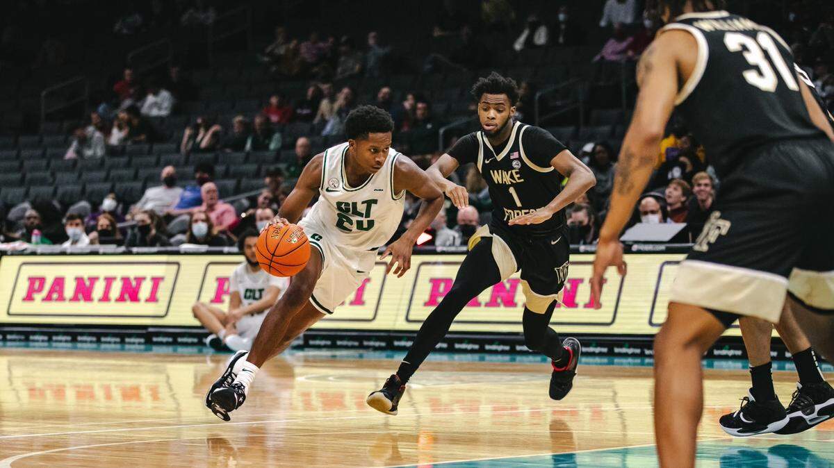 Charlotte’s Robert Braswell (20) drives to the hoop against Wake Forest during their game at Spectrum Center in Charlotte, NC, on Friday, Dec. 17, 2021.