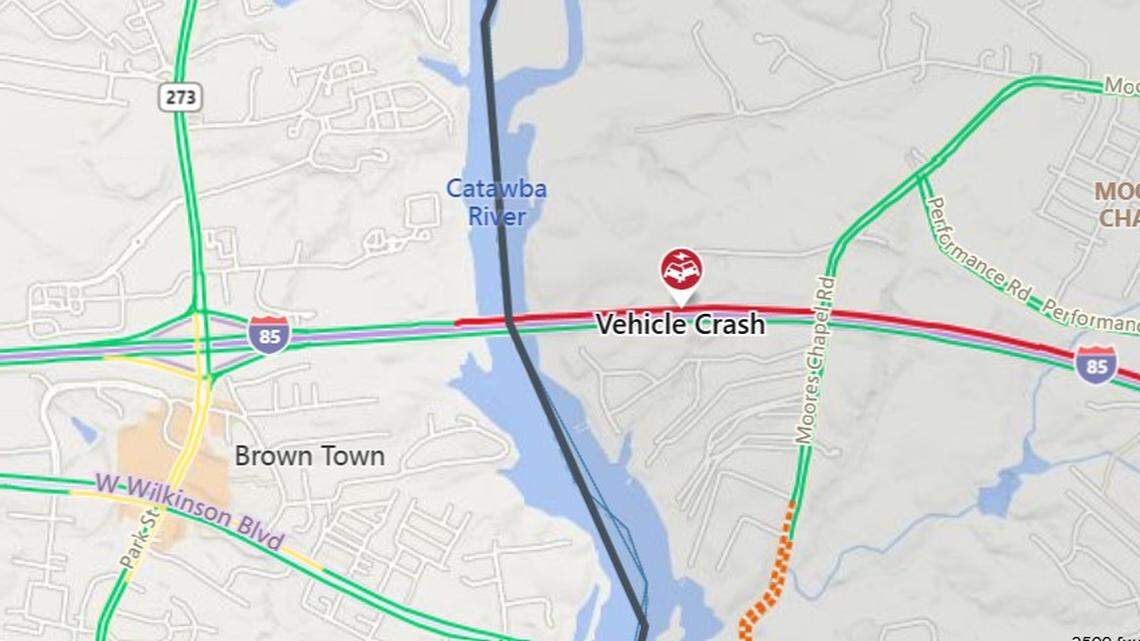 A crash closed all four lanes of Interstate 85 South in Charlotte on Saturday night, Feb. 14, 2026, state highway officials said. A crash closed all four lanes of Interstate 85 South in Charlotte on Saturday night, Feb. 14, 2026, state highway officials said.