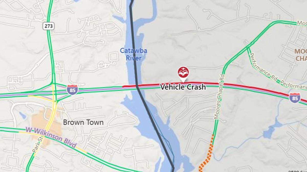 A crash closed all four lanes of Interstate 85 South in Charlotte on Saturday night, Feb. 14, 2026, state highway officials said.