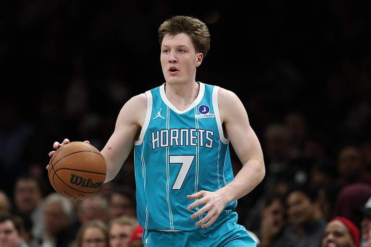 Kon Knueppel of the Charlotte Hornets in action against the Brooklyn Nets at Barclays Center.
