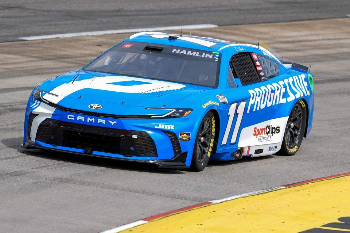 Mar 29, 2025; Martinsville, Virginia, USA; NASCAR Cup Series driver Denny Hamlin (11) during practice and qualifying for the Cook Out 400 at Martinsville Speedway.