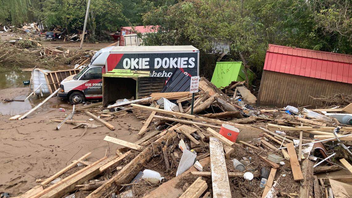 When Hurricane Helene floodwaters receded, debris littered the area around Okie Dokies Smokehouse.