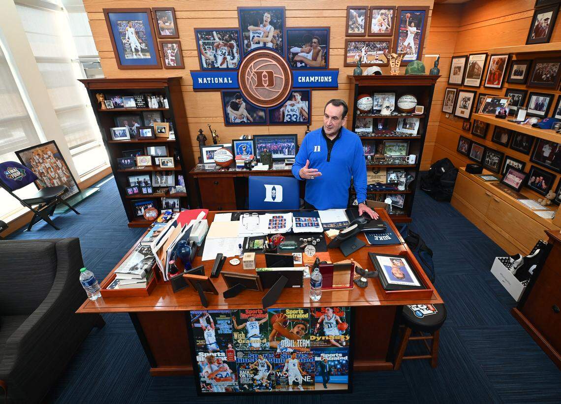 Former Duke University men’s head basketball coach Mike Krzyzewski’s office is a virtual museum to his and his player’s careers at the university. Krzyzewski was the head men’s basketball coach at Duke University for 42 years. During his career as the Blue Devils coach he led the team to 13 Final Fours winning five national titles and 15 ACC tournament championships. Krzyzewski finished with 1,202 career wins.