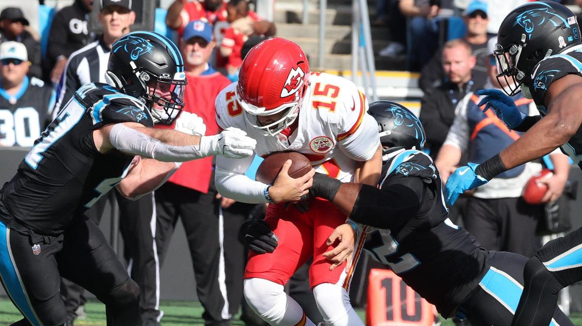 Chiefs quarterback Patrick Mahomes is tackled by Panthers Jonathan Harris, right, and Josey Jewell Sunday in Charlotte, N.C.