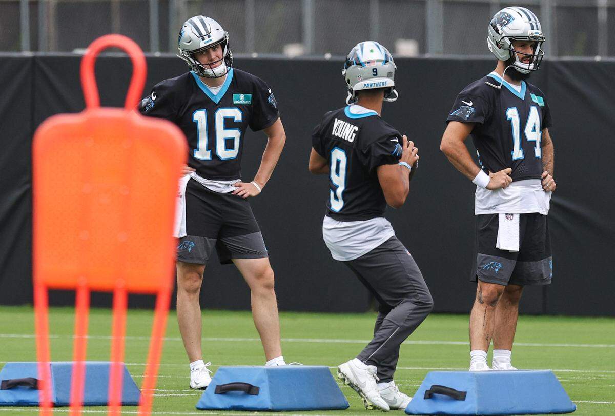 Quarterbacks Haynes King (16), Bryce Young (9) and Will Grier (14) take part in practice Tuesday.
