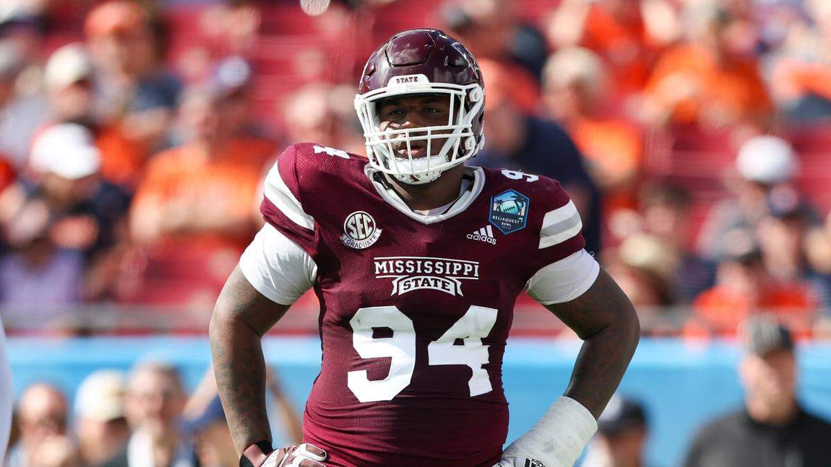 Jan 2, 2023; Tampa, FL, USA; Mississippi State Bulldogs defensive tackle Jaden Crumedy (94) looks on during a break in play against the Illinois Fighting Illini in the first quarter during the 2023 ReliaQuest Bowl at Raymond James Stadium. Mandatory Credit: Nathan Ray Seebeck-USA TODAY Sports