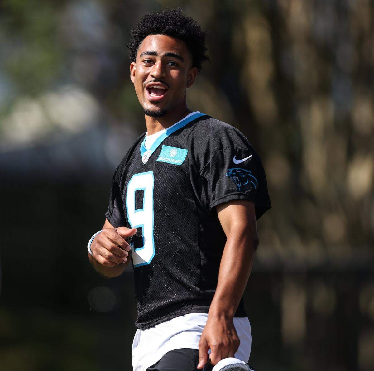Carolina Panthers quarterback Bryce Young arrives at Panthers training camp at Wofford College in Spartanburg, SC.
