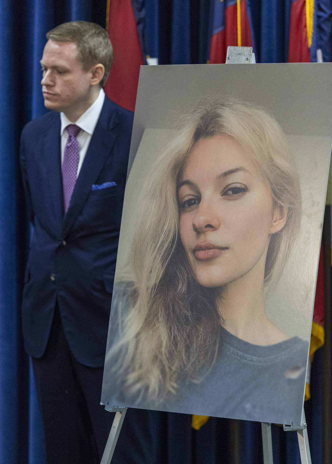 North Carolina House Speaker Destin Hall stands beside a portrait of Iryna Zarutska during a press briefing on her murder on Thursday, Sept. 11, 2025, at the General Assembly in Raleigh.