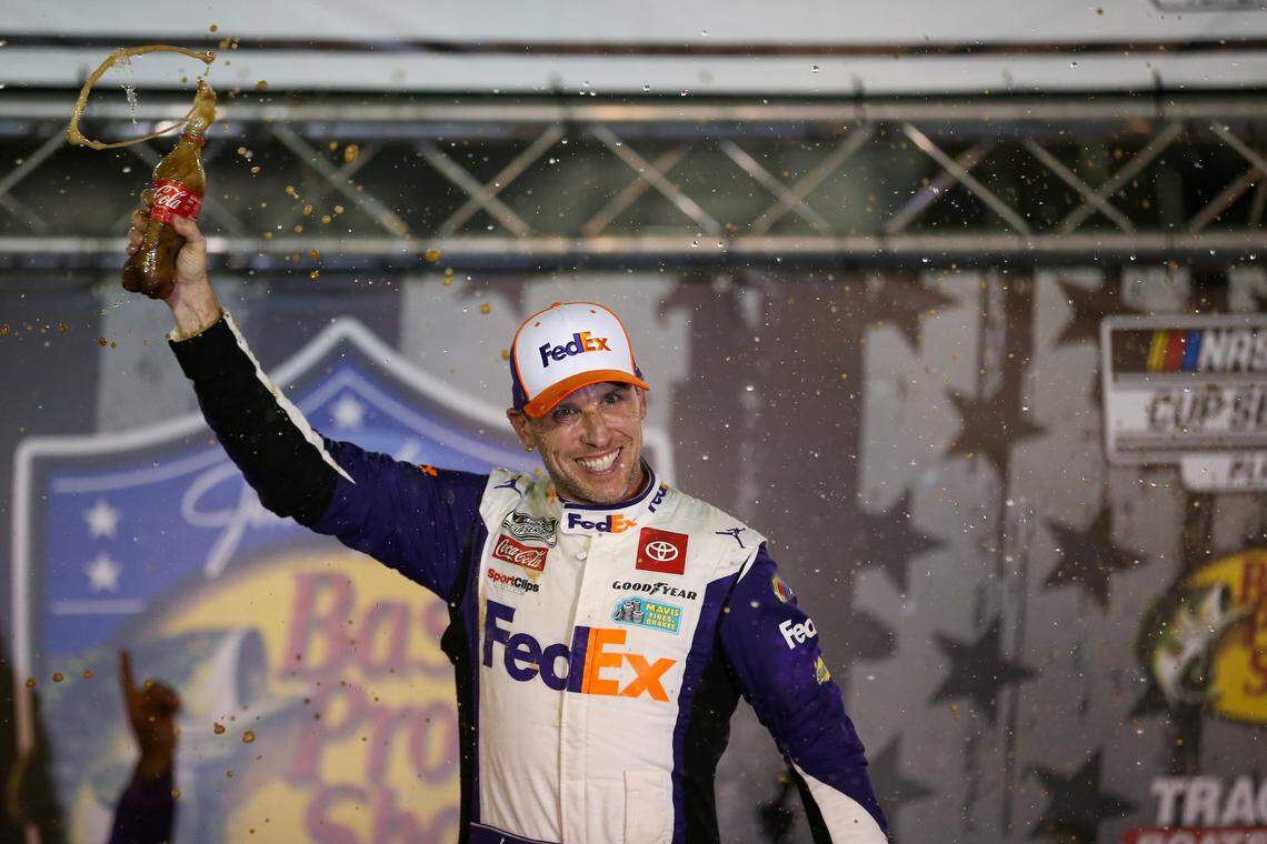 NASCAR Cup Series driver Denny Hamlin (11) wins the Bass Pro Shops Night Race at Bristol Motor Speedway.