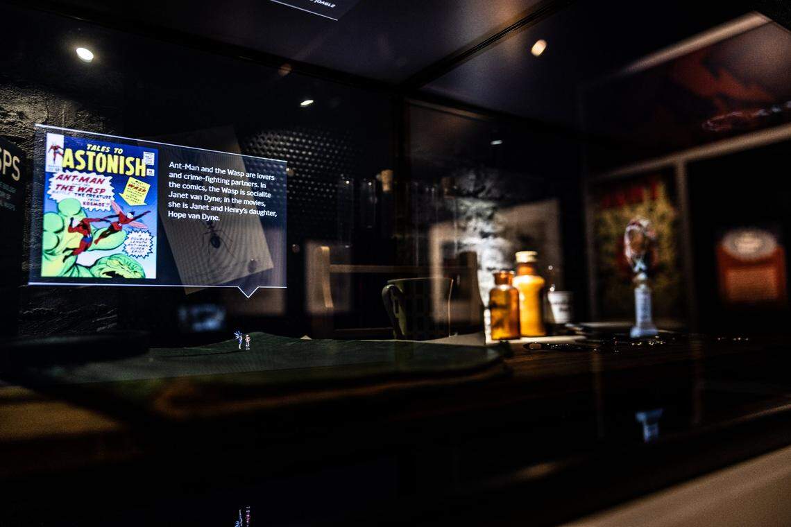 A hologram displays Ant-Man at the “Marvel: Universe of Super Heroes” exhibit.