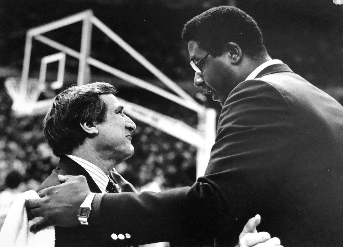 Coaches Dean Smith (left) and John Thompson (right) meet on the floor before the tip of the 1982 National Championship game. Smith’s Tar Heels went on to defeat Thompson’s Hoyas, 63-62, but Smith said later that Thompson actually outcoached him in the game.