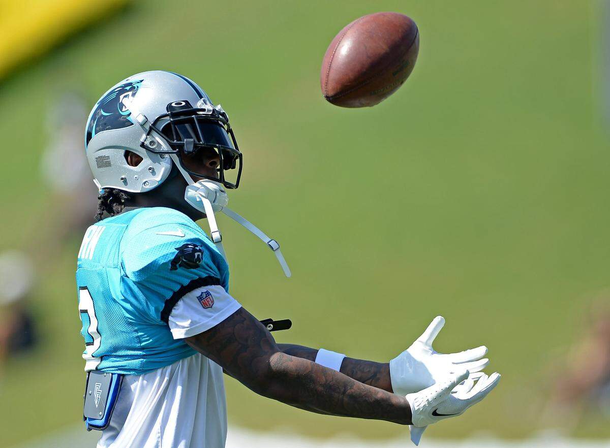 Carolina Panthers cornerback Jaycee Horn reaches out to catch a ball during practice on Monday, August 8, 2022 at Wofford College in Spartanburg, SC.