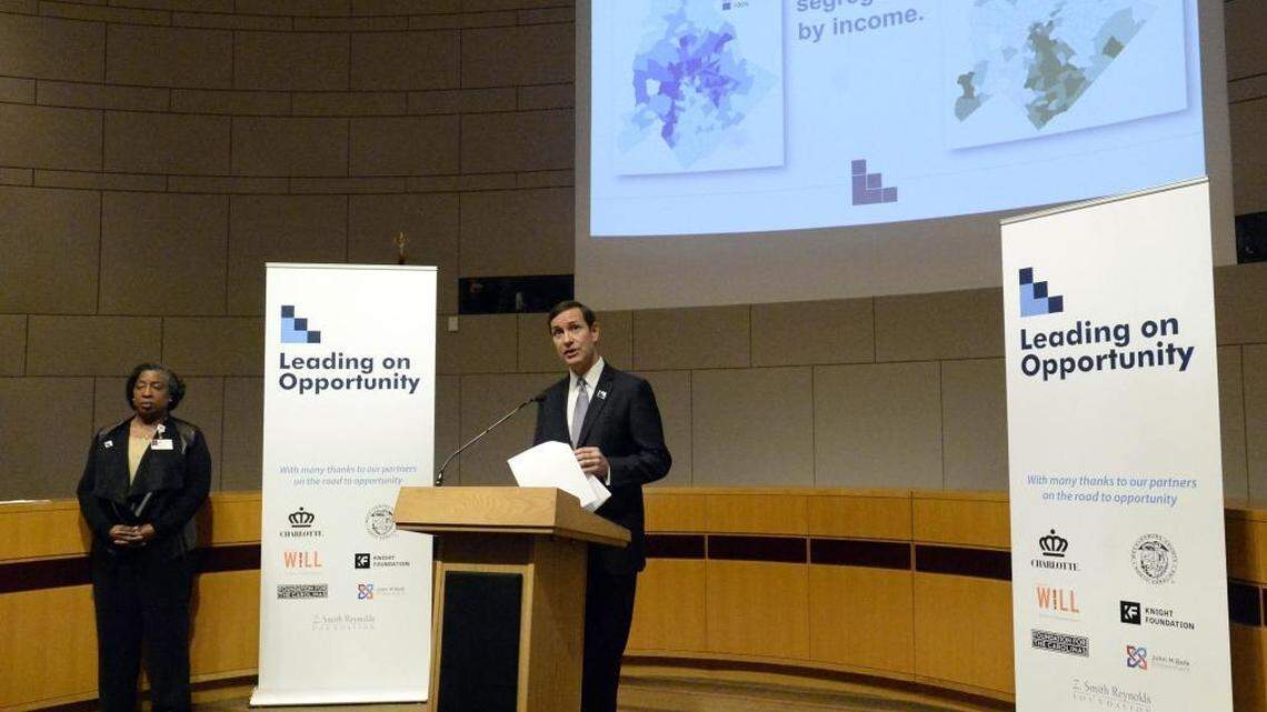 Dee O’Dell, right, Opportunity Task Force Co-Chair addresses the audience as Dr. Ophelia Garmon-Brown, left, Charlotte-Mecklenburg Opportunity Task Force Co-Chair, looks on during the announcement of the Leading on Opportunity report about intergenerational economic mobility, and the next steps for action, at the Charlotte-Mecklenburg Government Center on Monday, March 27, 2017.