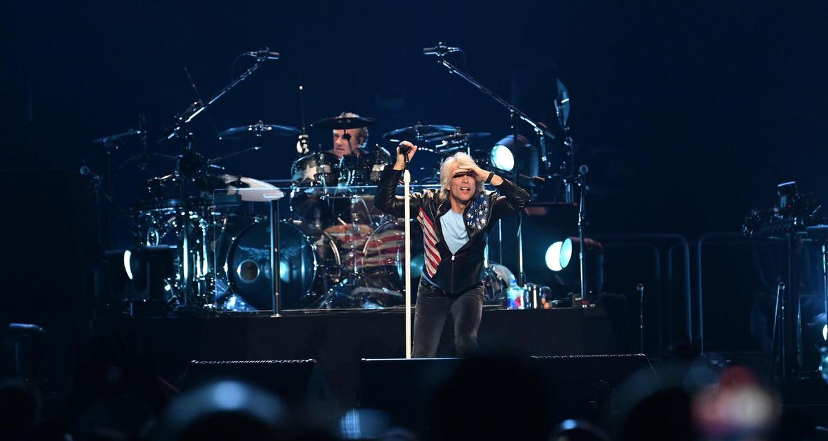 Jon Bon Jovi looks out over the crowd of fans at Spectrum Center in Charlotte, NC on Friday, April 8, 2022 prior to launching into the first song of the evening.