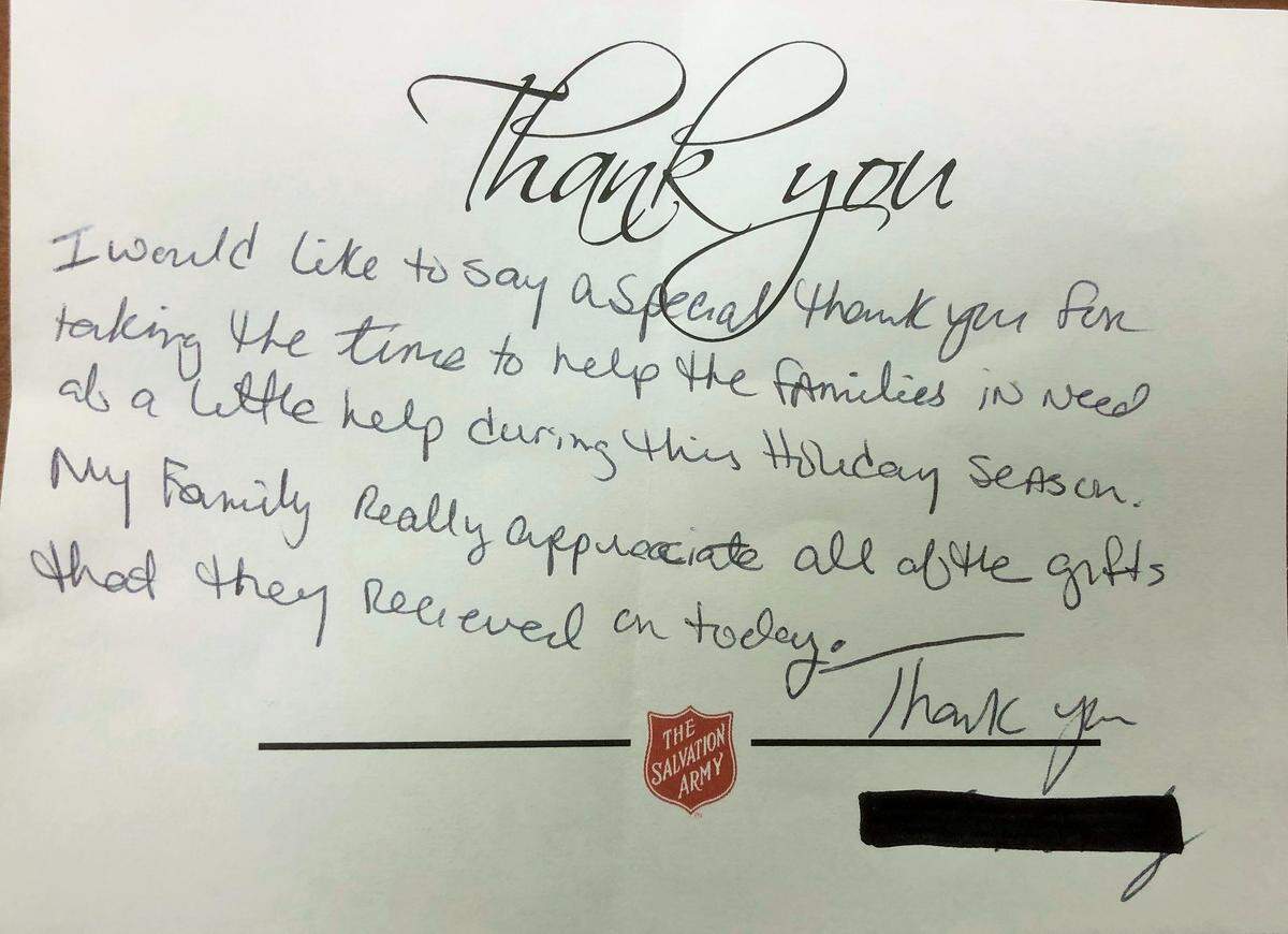 Many families who received gifts from donors as part of the Salvation Army’s Christmas program left notes of thanks when they picked up the gifts.