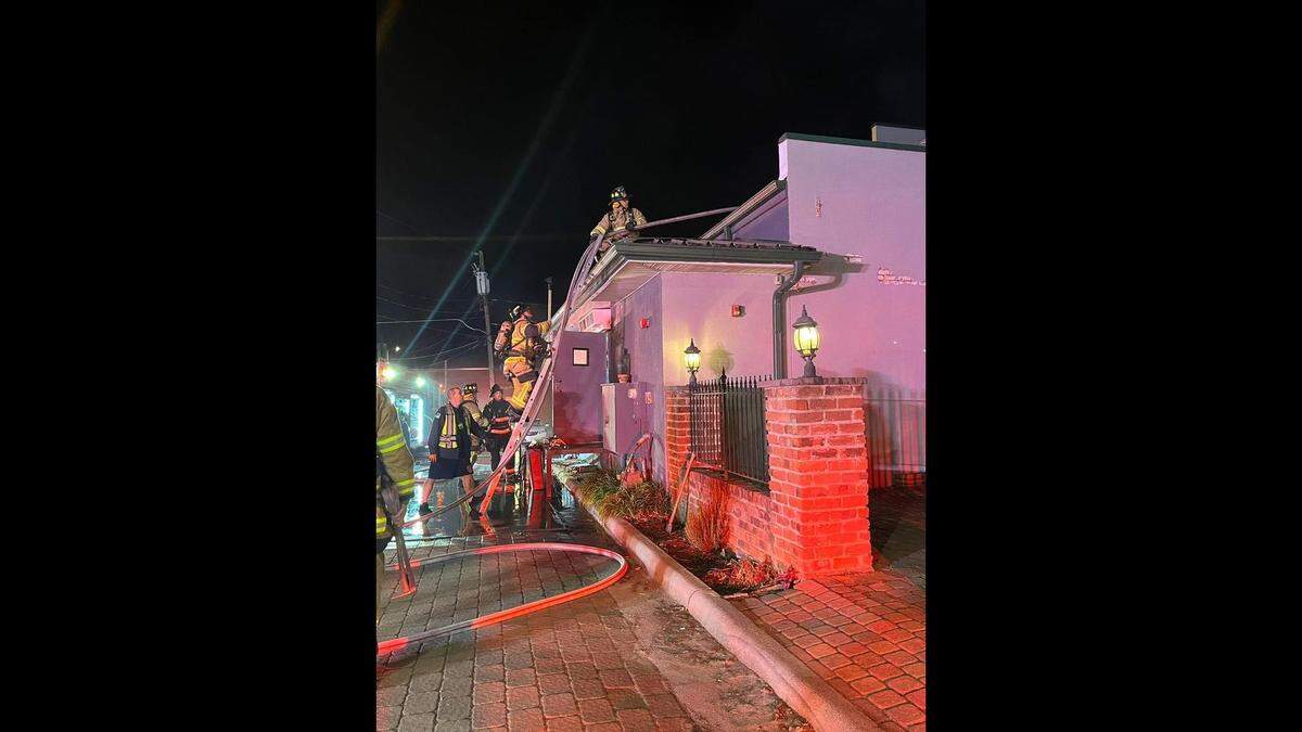 Firefighters doused flames at Epic Chophouse in downtown Mooresville NC on Sunday night, Oct. 15, 2023.