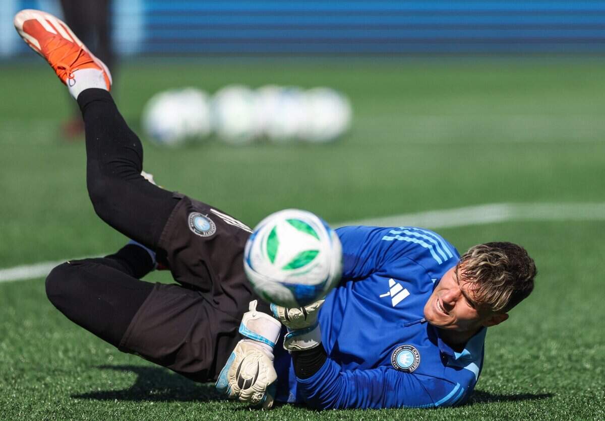 Charlotte FC goalkeeper Kristijan Kahlina runs through drills during an open practice at Bank of America Stadium in Charlotte, NC on Monday, February 24, 2025. This Saturday is Charlotte FC’s home opener versus Atlanta United.