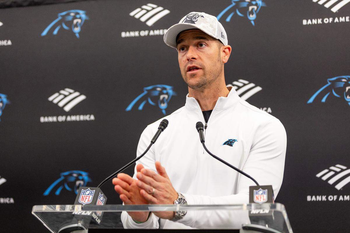 Head coach of the Carolina Panthers Dave Canales speaks during a press conference at Bank of America Stadium on Monday, January 6, 2025.