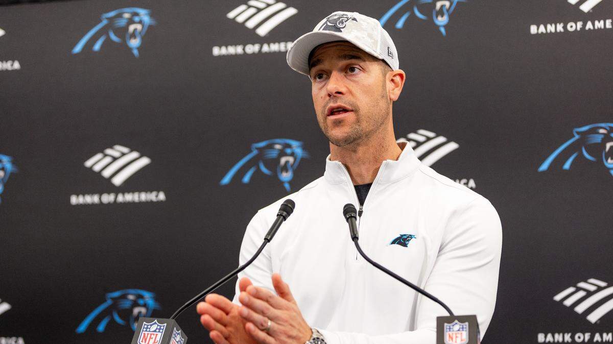 Head coach of the Carolina Panthers Dave Canales speaks during a press conference at Bank of America Stadium on Monday, January 6, 2025.