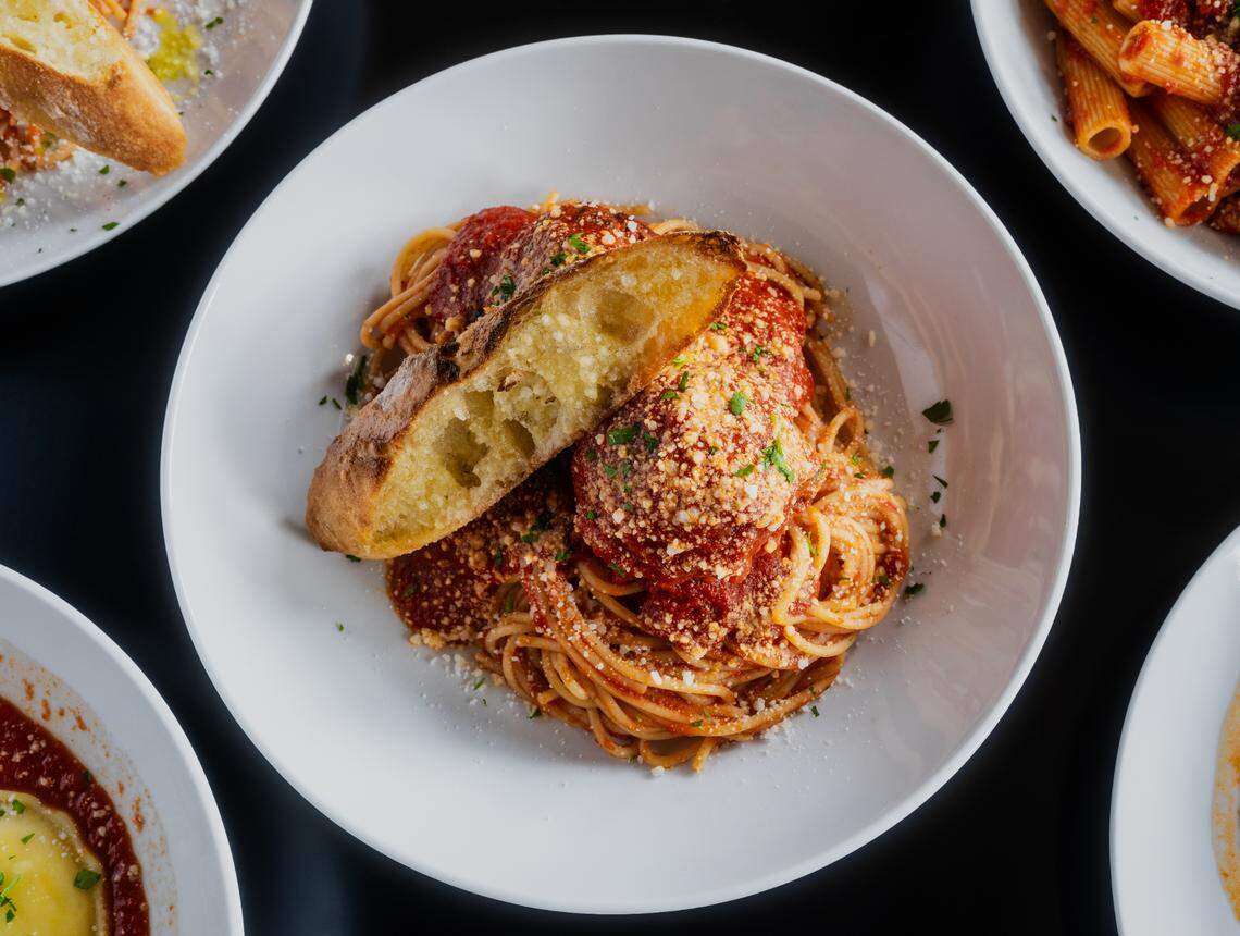 G.O.A.T. Pizza’s Slap Shot Spaghetti and Meatballs is among the restaurant’s pasta dishes, all served with cheesy garlic bread.