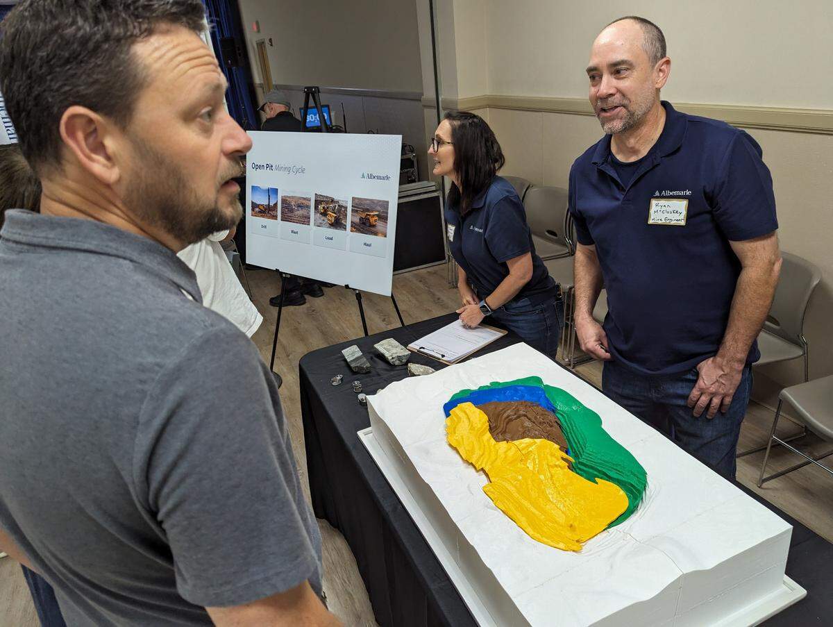 Albemarle Corp. mine engineer Ryan McCluskey uses a 3-D topography model to show the proposed Kings Moutnain lithium mine over its four phases and 10 years to resident Jonathan Bolt on Tuesday during a community information session at H. Lawrence Patrick Senior Life and Conference Center.