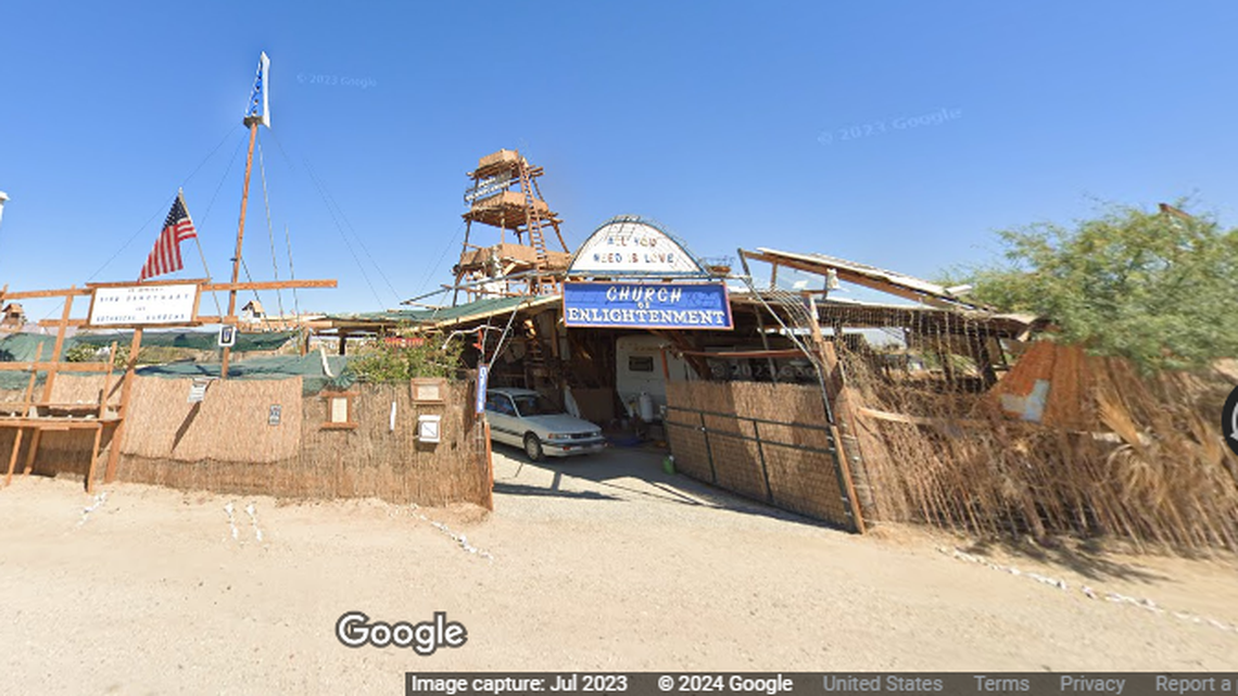 Slab City’s Church of Enlightenment is part of an unincorporated encampment that sits at an abandoned WW II military training site, historians say.