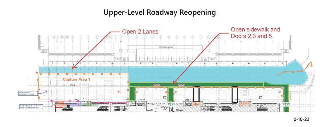 Here’s a map for the upper-level roadway at Charlotte’s airport. Lanes open to traffic are shown in blue, and they will be open during the day for passenger drop off and pick up.