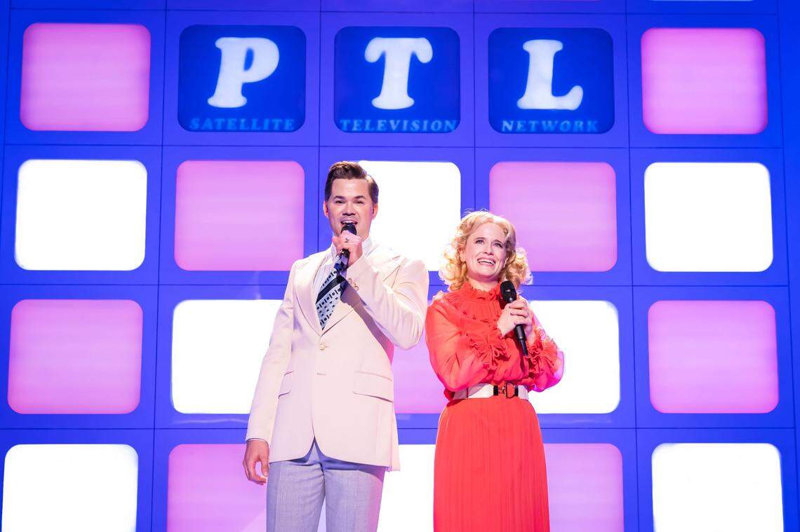 Broadway star Andrew Rannells as Jim Baker and Katie Brayben in the title role of “Tammy Faye” in London in 2022. The show is transferring to Broadway.