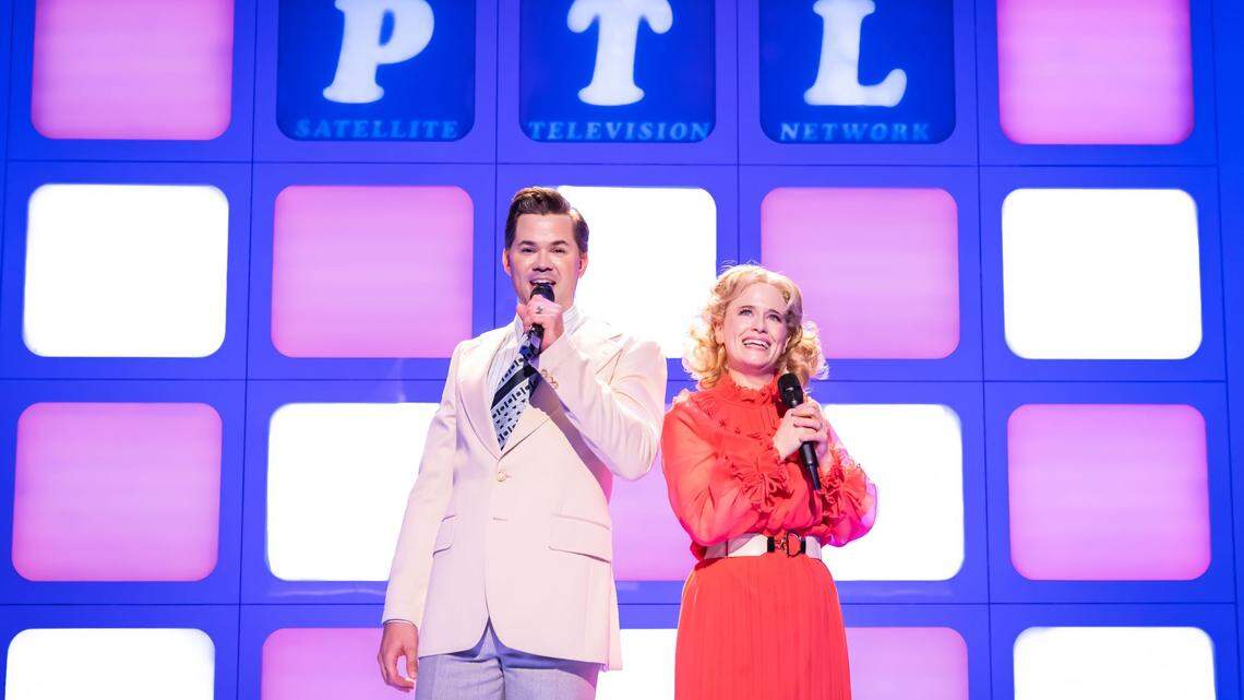 Andrew Rannells as Jim Baker and Katie Brayben in the title role of “Tammy Faye,” the new musical that debuted in London in October. Elton John wrote the music for the show.
