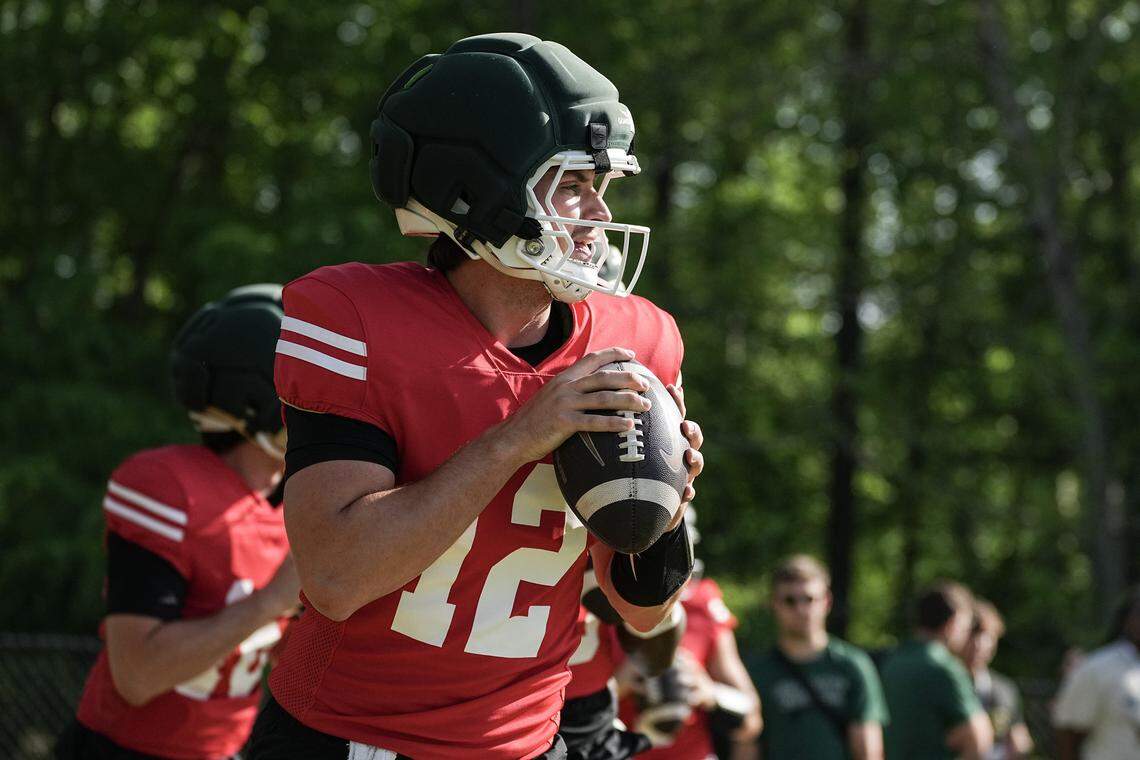 Charlotte 49ers quarterback Grayson Loftis takes part in drills during a spring practice, Thursday, April 16, 2026, in Charlotte, North Carolina.