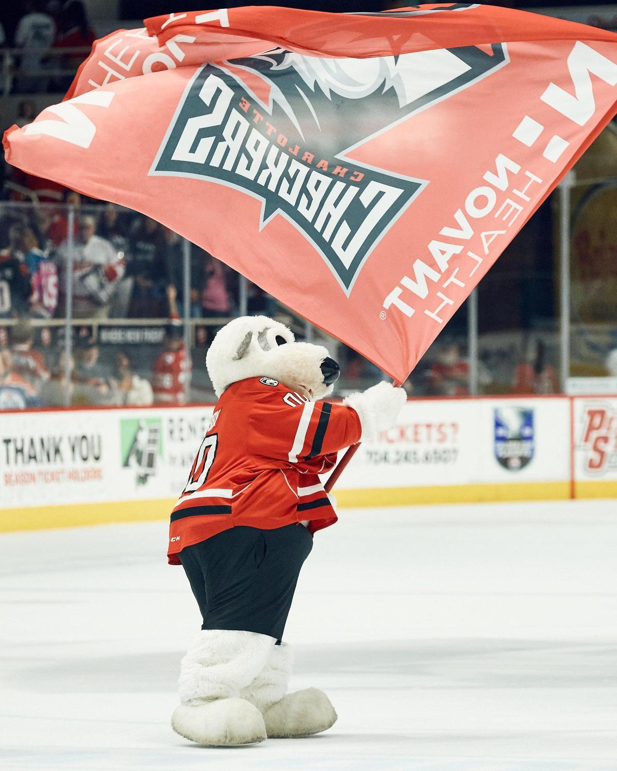 Chubby, the Charlotte Checkers’ mascot, unfurls the Checkers’ flag during the AHL playoffs at Bojangles Coliseum.