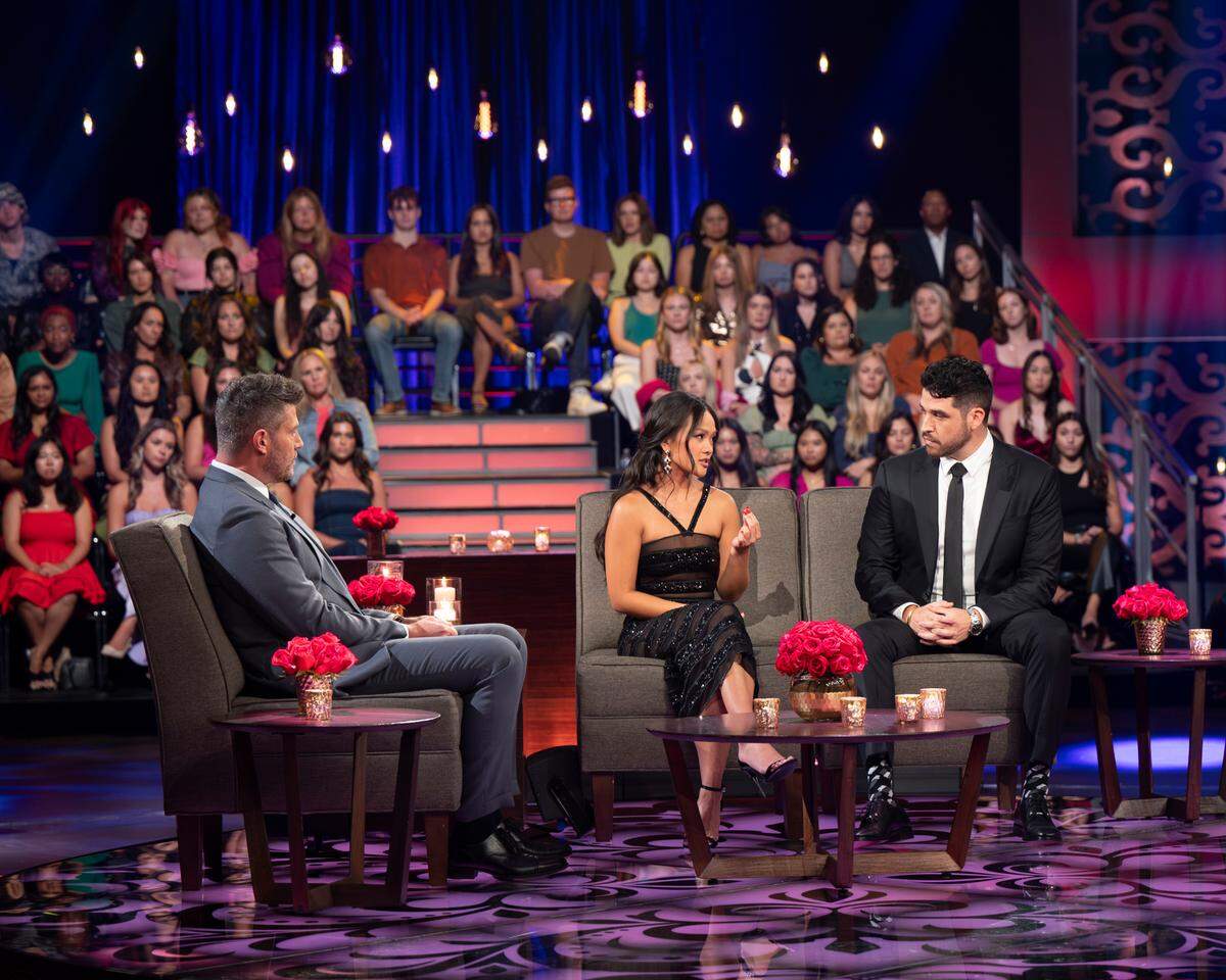 Jesse Palmer, Jenn Tran and Devin Strader during “The Bachelorette” finale on ABC.