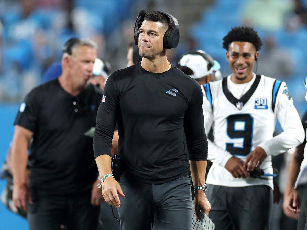 Carolina Panthers head coach Dave Canales (center) has 25-30 plays he really wants to call for quarterback Bryce Young (right) in the regular-season opener at New Orleans.