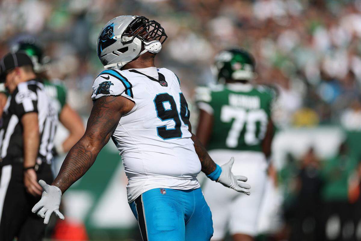 Carolina Panthers defensive end A'Shawn Robinson celebrates after a sack during the second quarter against the New York Jets in the game at MetLife Stadium on October 19, 2025 in East Rutherford, New Jersey. (Photo by Al Bello/Getty Images)