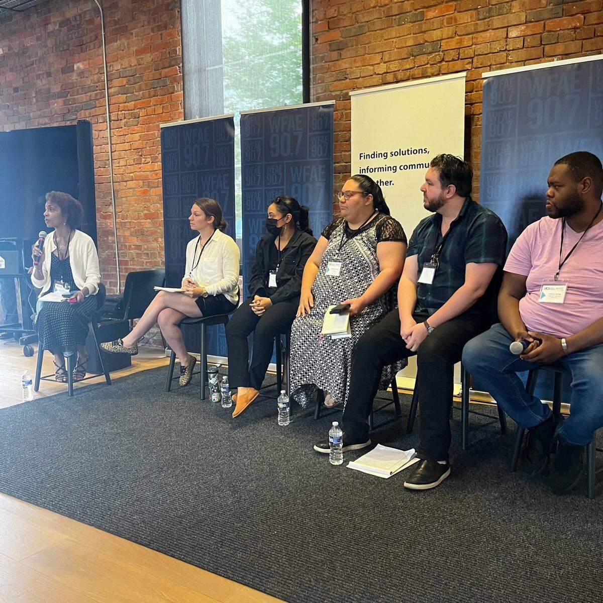 A panel discussion about rent affordability is led by The Charlotte Observer’s Engagement Editor, Lisa Vernon Sparks (far left) and focuses on the fight for tenants’ rights amid the launch of the North Carolina Tenants Union. Third from left: Jessica Moreno, a community organizer with Action NC, Nick MacLeod, executive director of the North Carolina Tenants Union, Ismaail Qayim, a lawyer with the Housing Justice Coalition. The panel took place during the Local News Summit, hosted by the Charlotte Journalism Collaborative and held at WFAE studios, May, 16, 2024.