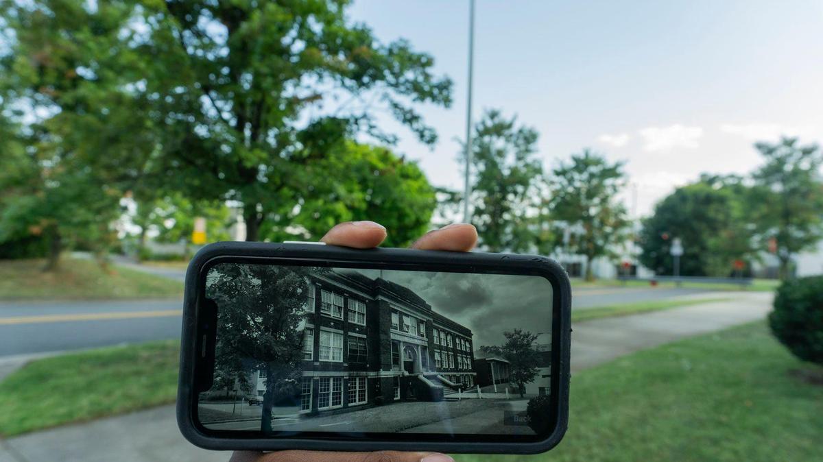 The knowCLT app designed by the Levine Museum of the New South displays Second Ward High where it used to be. The app utilizes GPS immersive technology for a walking tour of the former Black neighborhood of Brooklyn in Charlotte.