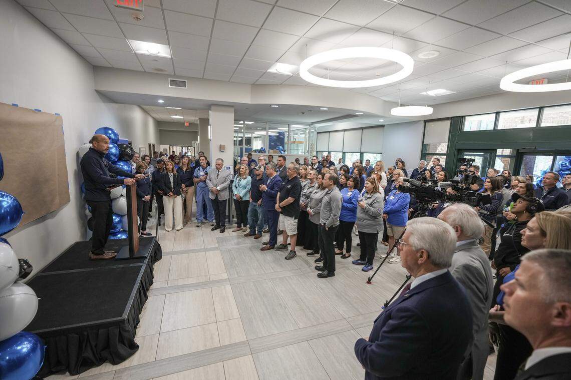 Craig Albanese, chief executive officer of Duke University Health System, addresses the crowd at the unveiling of Lake Norman Regional Medical Center’s new name, Duke Health Lake Norman Hospital.