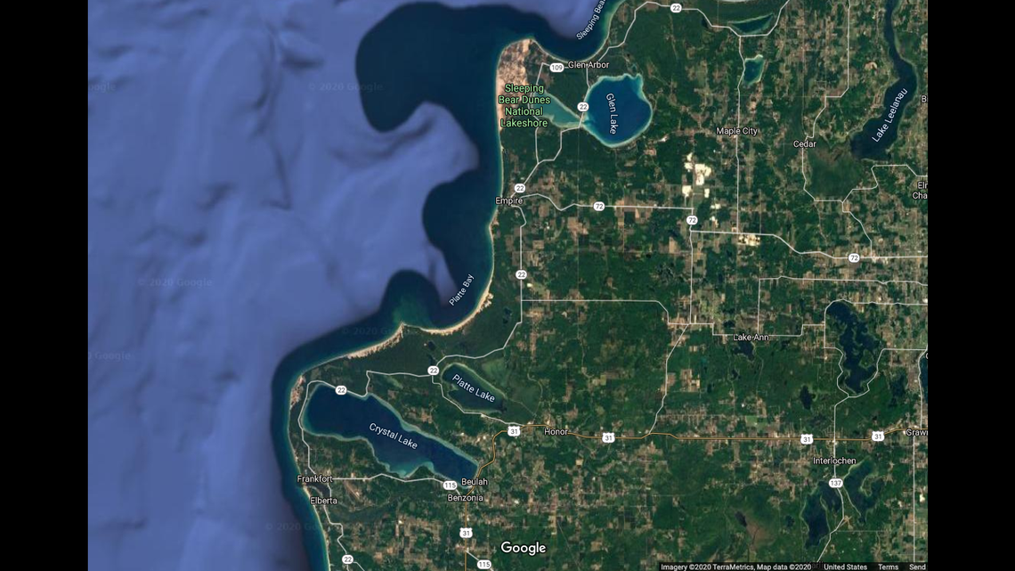 A North Carolina man on a hunting trip in Michigan near the Sleeping Bear Dunes National Lakeshore was rescued after he went missing and got stuck in the mud. Screengrab from Google.