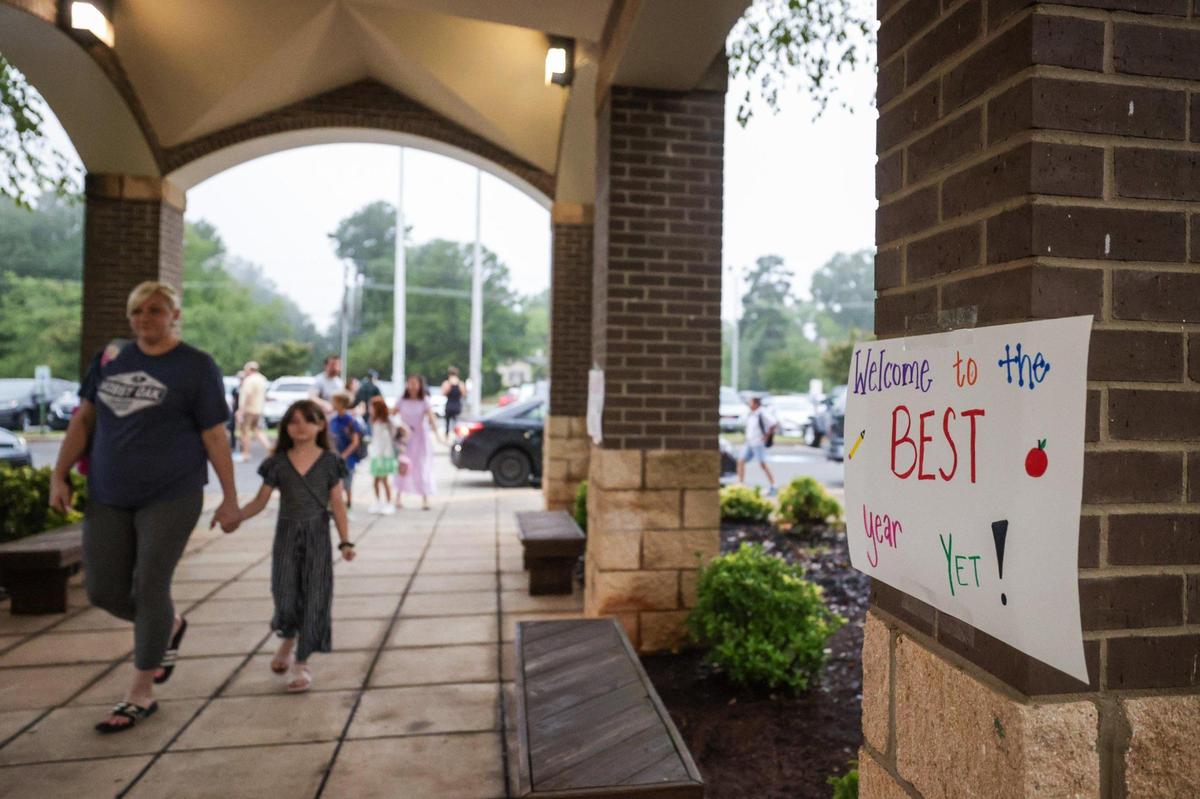 Students arrive for the first day of school at Waxhaw Elementary School on Monday, August 28, 2023.